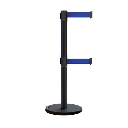 MONTOUR LINE Retractable Belt Dbl Roller Stanchion, 2.5ft Black Post  7.5ft Dk Blus ME630D-BK-DBL-75